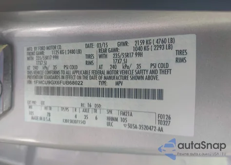 2015 Ford Escape Se from USA, damaged, VIN 1FMCU9GX6FUB68022